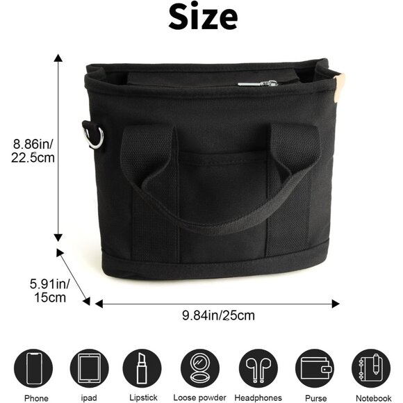 Women's Black Canvas Tote Bag With Multi Pockets Mini Shoulder Bags With Zipper - Picture 2 of 6